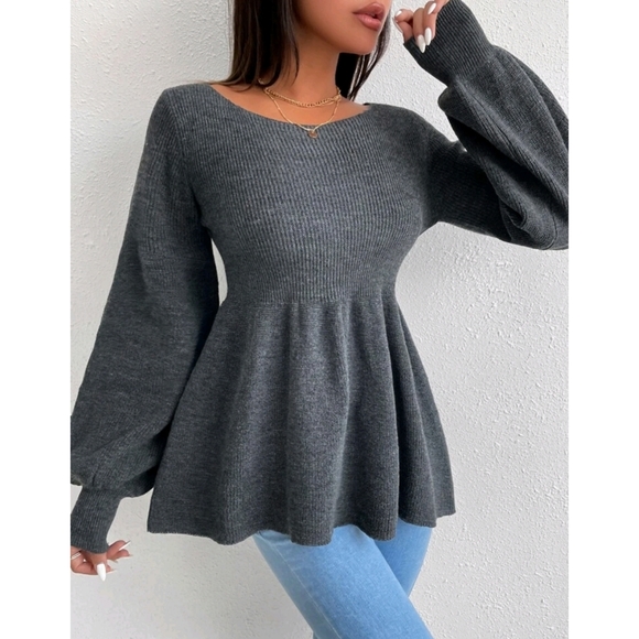 Round neck Bishop Sleeve Ruffle Hem Sweater - Picture 8 of 10